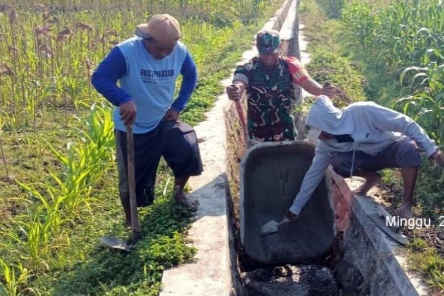 Babinsa Koramil Srengat Berjibaku Bersama Warga Memperbaiki Saluran Irigasi